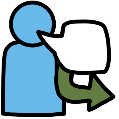 a green arrow pointing out from a speech bubble being spoken by a blue figure
